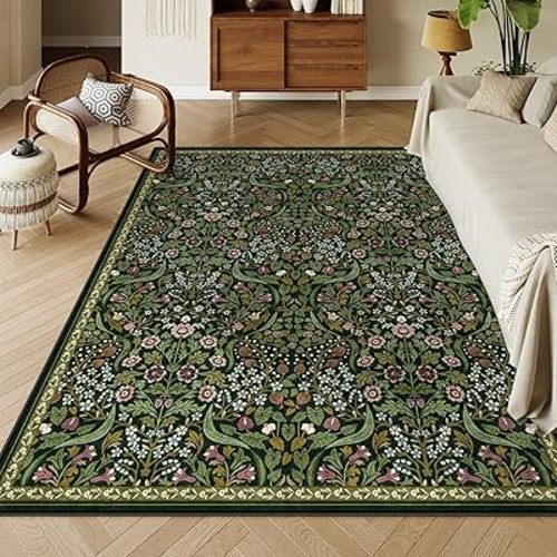 Moynesa Floral Washable 8x10 Rug, Large Rugs for Living Room, Green Soft 8 x 10 Boho Bedroom Rugs, Non Slip Botanical Ultra Thin Floor Carpet for Dining Room Nursery, Green