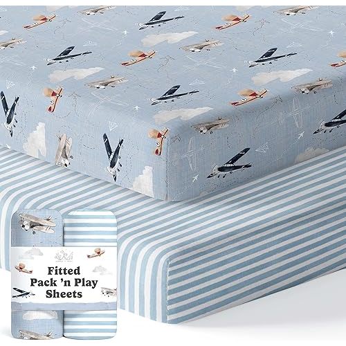 Pack and Play Sheets Fitted, Mini Crib Sheets for Graco Pack N Play Playard (38x26), Ultra Soft Cotton Blend, Safe & Snug Playpen Mattress Sheet for Baby Boys Girls, Airplane in The Clouds, 2-Pack