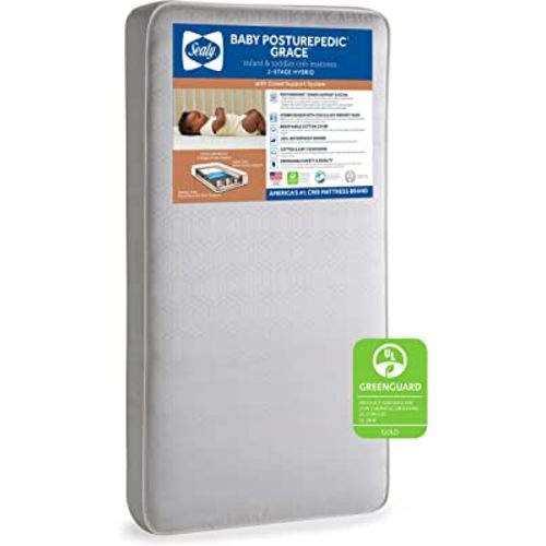 Sealy Baby Posturepedic Grace Breathable Hypoallergenic 2-Stage Dual Firmness Waterproof Baby Crib Mattress & Toddler Bed Mattress, Hybrid Coil & Memory Foam, Certified, Made in USA, 52"x28"