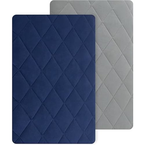 TILLYOU Pack n Play Sheets Pad 2 Pack - Thick Crib Sheets Pad, Soft Quilted Sheets with 1''-3'' Deep Pocket, Breathable Fluffy Crib Mattress Pad, 39"x27", Gray & Navy