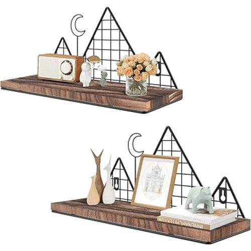Homode Floating Shelves, Set of 2 Mountain Wall Shelves, Rustic Wood Display Storage Shelf with Metal Wire, Geometric Decor for Bathroom, Nursery, Bedroom, Office, Brown and Black