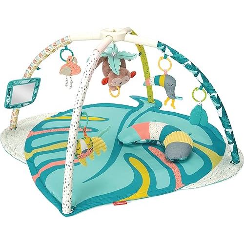 Infantino 4-in-1 Deluxe Twist & Fold Activity Gym & Play Mat, Tropical - Includes linkable Toys, Musical Monkey, Mirror and Bolster Pillow, for Newborns, Babies and Toddlers