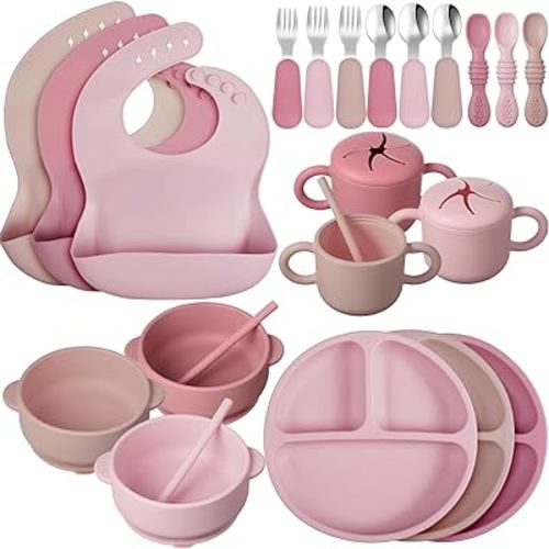 24 Pack Silicone Baby Feeding Set Baby Led Weaning Supplies Includes Suction Divided Plates Soft Bowl Spoons Forks Adjustable Bib Snack Cup and Straws for Baby (Dark Pink, Dusty Pink, Peach Color)