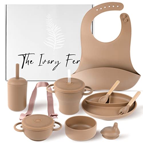 The Ivory Fern Silicone Baby Feeding Set,Baby Plates and Bowls Set, Bib, Convertible Drinking, Snack Cups, Feeding supplies
