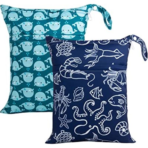 ALVABABY 2pcs Cloth Diaper Wet Dry Bags Waterproof Reusable with Two Zippered Pockets Travel Beach Pool Daycare Soiled Baby Items Yoga Gym Bag for Swimsuits or Wet Clothes LX-SW1821