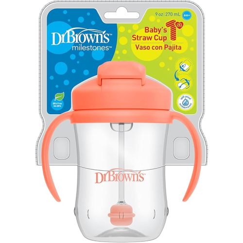Dr. Brown's Milestones Baby's First Straw Cup, Training Cup with Weighted Straw, 9oz/270mL, Coral, BPA Free, 6m+
