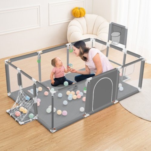 GOTGELIF 71"x48" 4-Panel Baby Playpen Foldable Playard with Basketball Hoop Gray