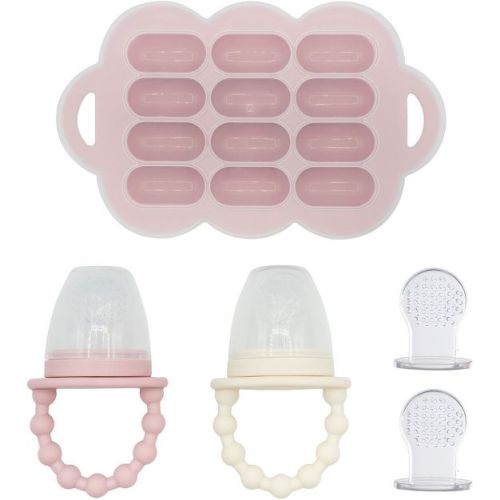 WeeSprout Silicone Baby Food Feeders + Freezer Tray for Batch Prep - Set of 2 (Matte Pink, Off White) + Matte Pink Tray