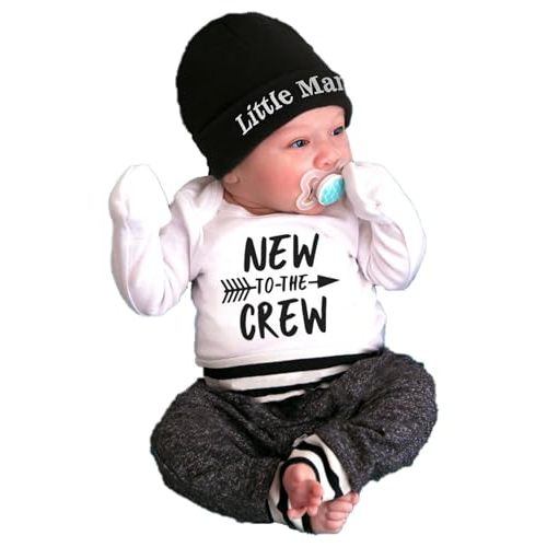 Fommy Newborn Baby Boy Clothes New to The Crew Letter Print Romper+ Pants+Hat 3PCS Outfit