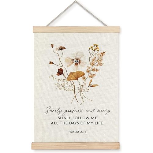 Supwhd Boho Floral Christian Wall Art with Wooden Poster Hanger, Goodness and Mercy Shall Follow Me Posters Wall Art Decor, Christian Wall Decor, Christian Home Decor, Christian Room Decor, 16x24 Inch