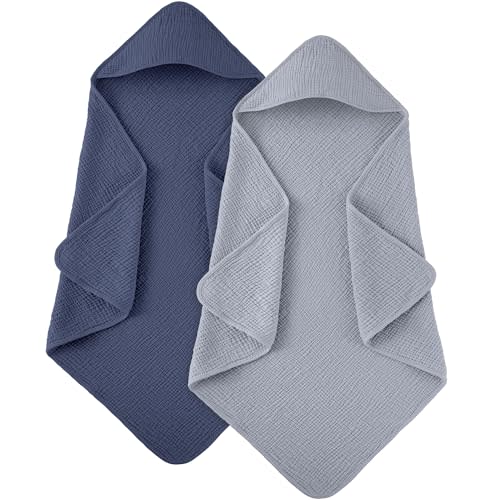 Susurration Hooded Baby Towels for Newborn 2 Pack 100% Muslin Cotton Towel for Babies，Highly Absorbent and Newborn Essential 30x30 Inch (Blue)
