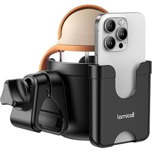 Lamicall Stroller Cup Holder with Phone Holder - 2-in-1 Stable Anti-Slip Stroller Accessories for Uppababy, Doona, Nuna, Jogger, Britax, Bugaboo, Walker, Wheelchair, Bike, Scooter