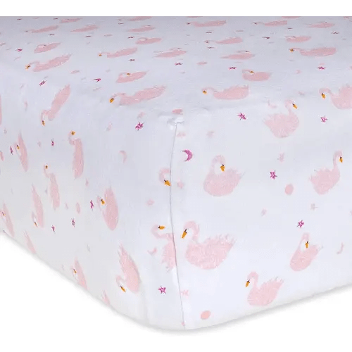 Burts Bees Baby Print Fitted Crib Sheet Organic Cotton Beesnug - Pink Graceful Swans Animal Prints, Fits Unisex Standard Bed and Toddler Mattress, Infant Essentials, 28 x 52 x 5.5 Inch 1-Pack