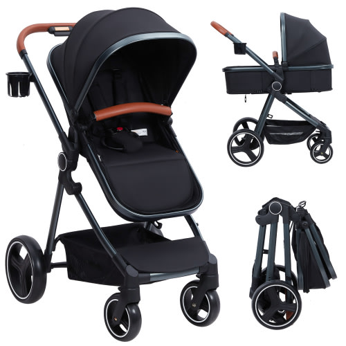 WPOND 2 in 1 Convertible Baby Stroller, High Landscape Foldable Pushchair with Reversible Newborn Bassinet, Aluminum Frame, and 5-Point Harness for Infant & Toddler, Black