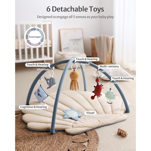 Blissful Diary Shell Baby Play Gym Mat, Softer & Enlarged Tummy Time Mat w 6 Detachable Toys for Sensory & Motor Skill Development, Activity Mat for Newborn Essentials Shower Gift, Boho Ocean Theme - Boho Seashell Gym