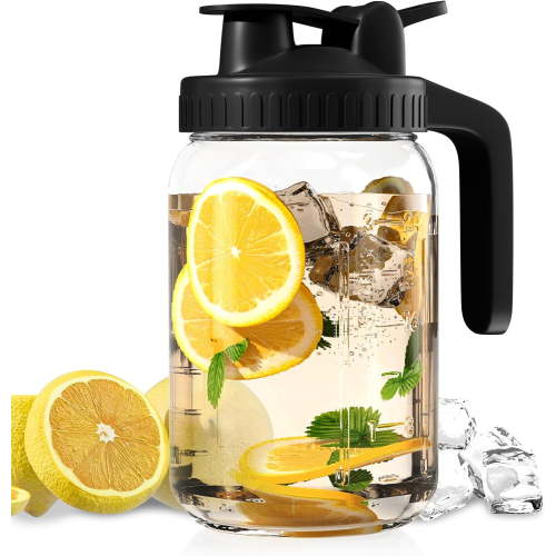 Ababeny Glass Mason Jar Pitcher with Lid and Spout, 32 oz Wide mouth Leak Proof Water Jug Container for Cold Brew Coffee, Ice Juice, Lemonade, Sun/Iced Tea, Breast Milk, Flavored Water, Fruit Drinks