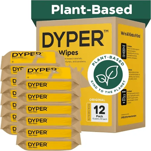 DYPER Baby Wipes | 99% Water | 100% Plant-Based | Hypoallergenic for Sensitive Skin | Fragrance Free | Plastic-Free | 12 Pack, 720 Wipes