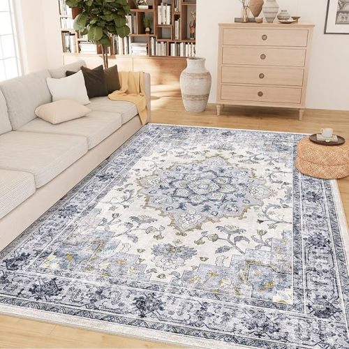 Machine Washable Rugs Nursery Rug 5x7 Cute Girl Non Slip Low Pile Water Repellent Soft Print Pattern for Bedroom Indoor Decor Kids Playroom Bluewhite