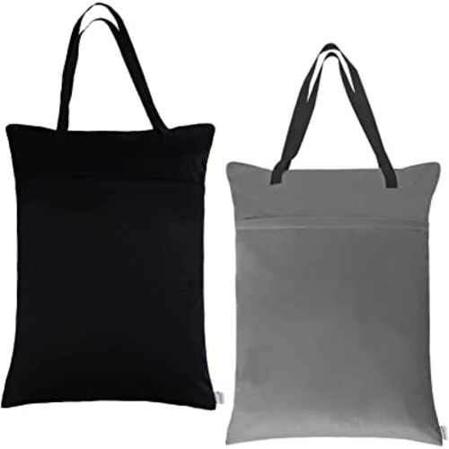 ALVABABY 2 Pack Large Wet Dry Bag Waterproof Hanging Cloth Diaper with Double Zippered Pockets 25x18 inches (Black and grey)