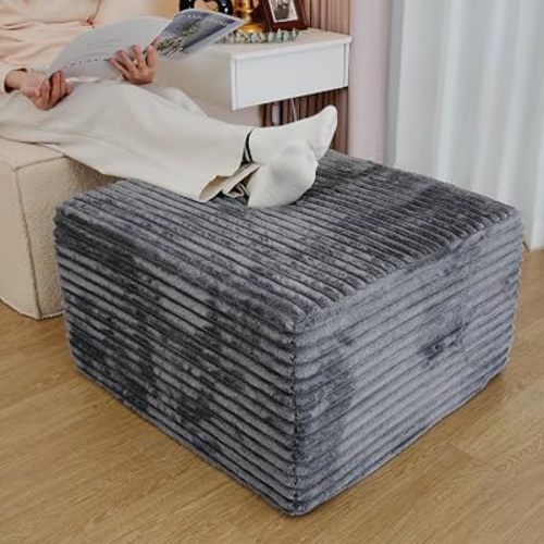 25.6" Corduroy Ottoman for Living Room,Plush Upholstered Ottoman for Couch,Memory Foam Compressed Sofa in A Box No Assembly Require,Dark Grey