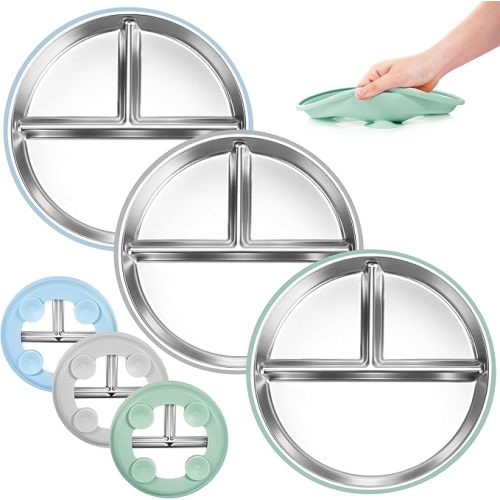Bella's Friends Stainless Steel Kids Plates Suction Plate for Baby,3 Packs Non-Toxic Divided Toddler Plates,Food-Grade Silicone Plate for Baby,Dishwasher Safe,Blue Green Grey