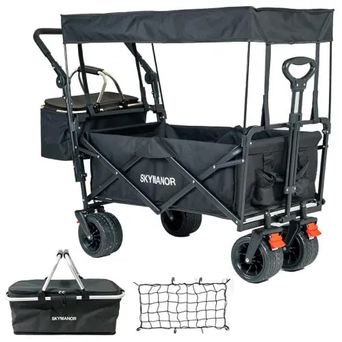 Collapsible Wagon Folding Garden Cart with Removable Canopy Utility Wagon Cart with All-Terrain Wheels Brake Beach Cart for Sand Heavy Duty Beach Wagon for Camping Shopping (Black)