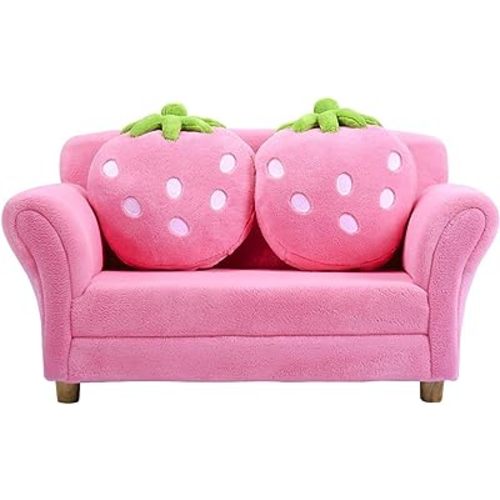 Costzon Kids Couch, Double Seat Pink Children's Sofa with 2 Strawberry Pillows, Toddler Armrest Chair for Bedroom, Living Room, Large Soft for Kids Loveseat Toy for Baby Girls Preschool Gifts Presents
