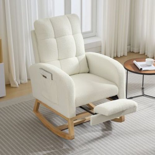 Nursery Rocking Chair, Teddy Fabric Glider with Footrest and Side Pocket, Beige
