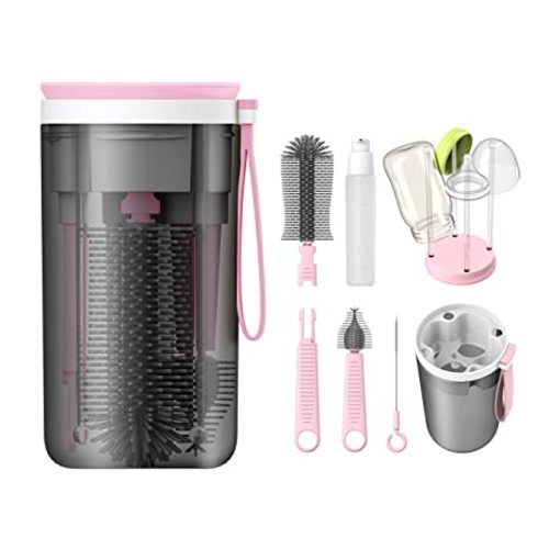YOTIME Travel Bottle Brush Set, 6in1 Bottle Cleaning Kit with Silicone Bottle Brush, Nipple Cleaner Brush, Straw Brush, Soap Dispenser, Bottle Drying Rack and Storage Box, Pink