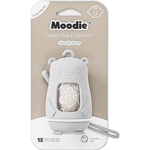 NEW Moodie Teddy Bear Diaper Bag Dispenser | Diaper Bag on the Go Dispenser w/Silicon Strap |15 UNSCENTED Diaper Disposal Bags per Roll | Diaper bag essential items (CLOUDY GREY)