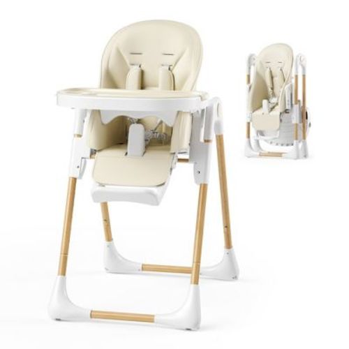 Foldable High Chair with Soft Cushion, Height Adjustable Toddler Eating Chair with Detachable Double Trays Wood Grain, Beige