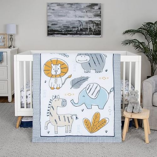 Sammy & Lou Zambia 4-Piece Baby Nursery Crib Bedding Set, Includes Quilt, Fitted Crib Sheet, Crib Skirt, and Plush Toy