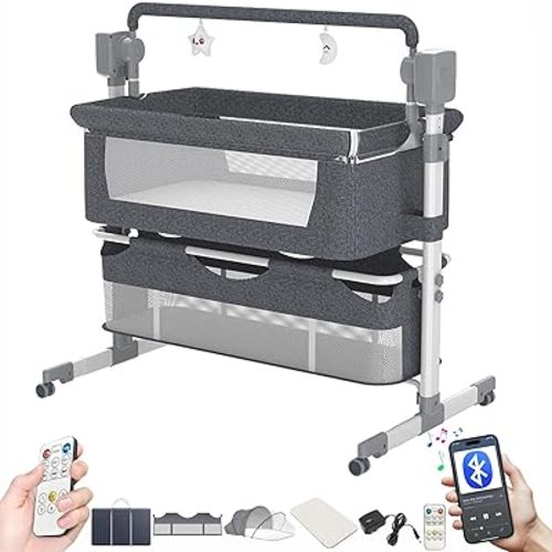 Electric Bluetooth Smart Bassinet for Co-Sleeping, Convertible Baby Bedside Crib Sleeper, Foldable Bedside Cot, Toddler Cradle with 5 Swaying Gears and Remote Control (601 Grey)