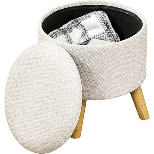 HOMCOM Round Storage Ottoman, Linen Fabric Footstool with Removable Top, Padded Seat, Small Foot Rest with Hidden Space and Wooden Legs for Living Room, Cream White