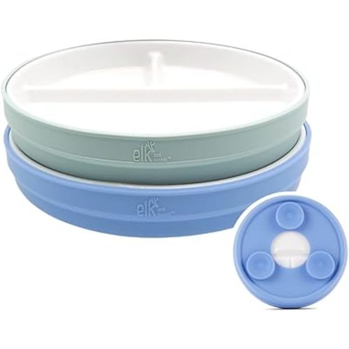 Elk and Friends Kids 6.7” Porcelain Divided Plates with Silicone Suction Sleeves | Suitable for Babies/Kids/Toddlers | Microwave & Dishwasher Safe | Non Slip | Snack Dishes