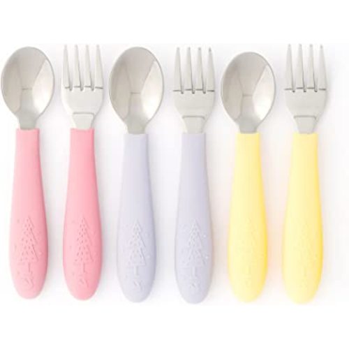 Elk and Friends Kids Silverware with Silicone Handle | Childrens Safe Flatware | Toddler Utensils | Baby Spoons + Forks | Stainless Steel Cutlery