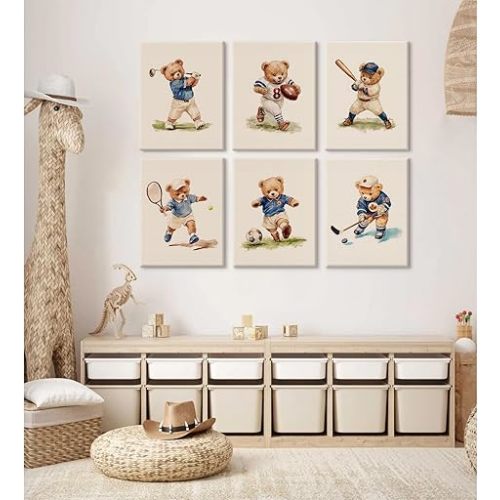 Nursery Bear Sports Wall Art Vintage Boy Room Canvas Wall Decor Baby Teddy Bear Pictures Boy Nursery Art Prints Kids Animal Poster Artwork for Toddler Bedroom Playroom 12x16 Inch Ready to Hang 6Pcs
