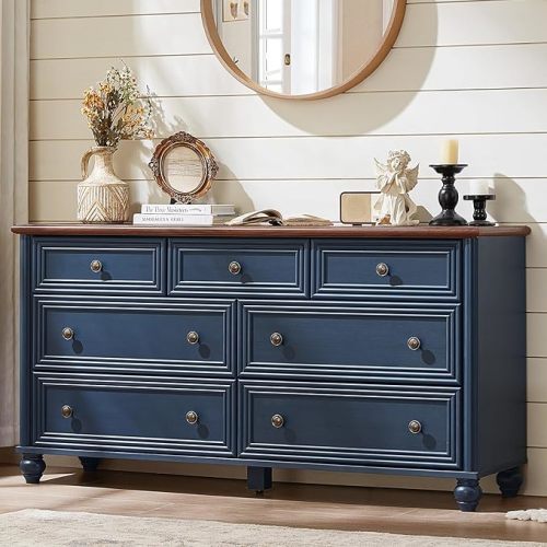 7 Drawers Dresser for Bedroom, Farmhouse 54" Wide Wood Dressers Chest of Drawers, Vintage Design TV Stand, Rustic Storage Dresser Organizer with Metal Handle Closet for Living Room, Hallway