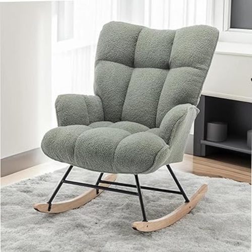 Rocking Chair Nursery Teddy Upholstered Glider Rocker Rocking Accent Chair Padded Seat with High Backrest Armchair Comfy Side Chair for Living Room Bedroom Offices (Light Green Teddy)