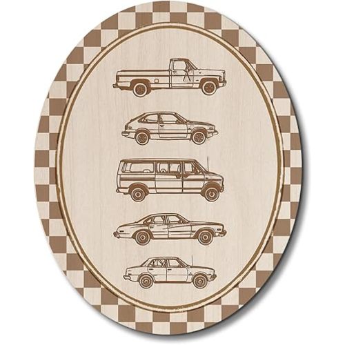 Dilemat Boy Room Decor,Cars Room Decor for Boys Oval Wall Art,Retro Neutral Checkered Vehicle Boy Wooden Sign Hanging Decor for Kids Boys Toddler Nursery Room Bedroom Playroom 8x10 Inch