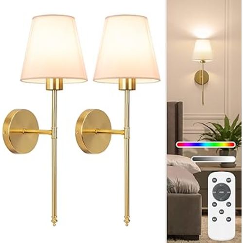NIORSUN 19.9 inch Battery Operated Wall Sconce Set of 2,Gold Rechargeable Wall Lights with 5200mAh Dimmable Detachable Bulbs and Remote,10 Colors Wireless Sconces for Bedroom Living Room Hallway