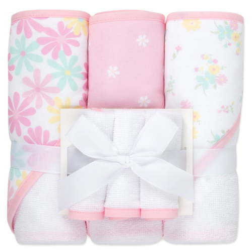 Jessica Simpson Baby 6-Piece Hooded Towel & Washcloth Set – Soft Polyester Hooded Towels + Matching Washcloths (Pink Floral Multi)