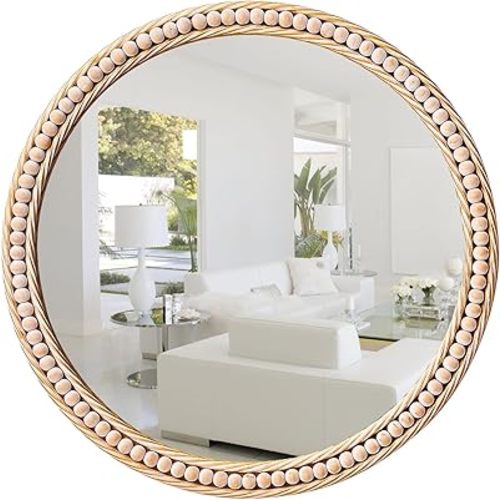 Gluck Plants Gold Round Mirror - 24" Rustic Beaded Farmhouse Decorative Accent Mirror for Bathroom, Living Room, Bedroom, Fireplace, Hallway