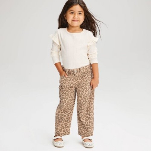 Toddler Girls' Leopard Barrel Leg Denim Pants - Cat & Jack™ Brown 18M