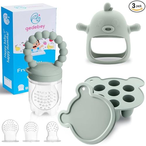 Baby Fruit Feeder & Breastmilk Popsicle Mold Set – 3 Pack Silicone Teething Relief Kit with Food Feeder Pacifier, Freezer Tray with Lid & Baby Teether (Pea Green)