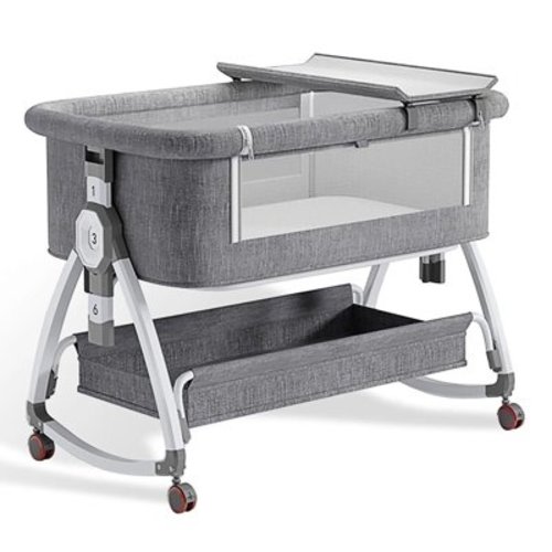 Baby Bassinet, Infant Bedside Crib for Baby, 4 in 1 Portable Bassinet Bedside Sleeper with Wheels Mosquito Net & Storage Basket, 6 Height Adjustable Rocking Bassinet for Newborn Baby