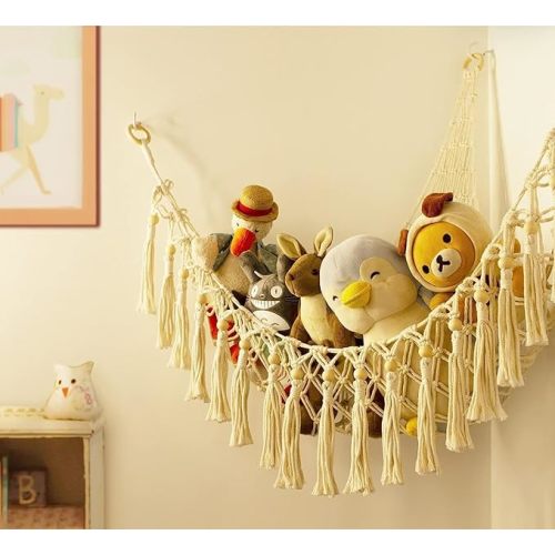 Stuffed Animal Toy Storage Hammock with LED Light - Macrame Jumbo Doll Corner Stuff Animals Organizer Decorations - Cute Hanging Plushie Net Kids Baby Nursery Bedroom Room Decor