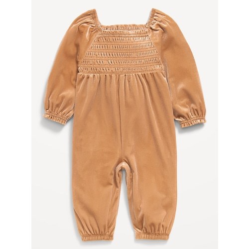 Long-Sleeve Smocked Velour Jumpsuit for Baby