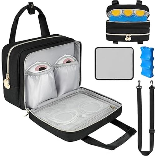 Wearable Breast Pump Bag with Cooler Compartment Compatible with Momcozy M5/S12 Pro, Elvie & Medela Pump in Style, Carrying Case with a Ice Pack & Waterproof Mat for Breast Pump and Accessories, Black