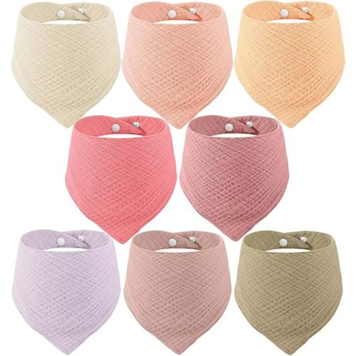 PandaEar 8 Pack Muslin Bibs for Baby Girls, 100% Cotton Baby Bandana Bibs Drool Bibs for Newborns Infant, Absorbent Burp Cloths Baby Bibs for Teething & Drooling